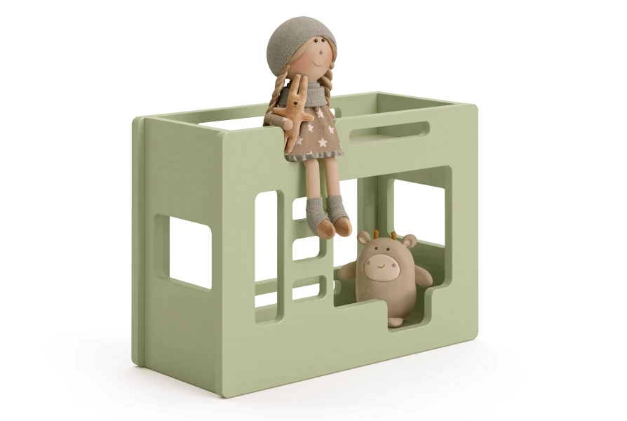 Drewniane łóżko piętrowe dla lalek wykonane ze sklejki sosnowej w kolorze zielonym